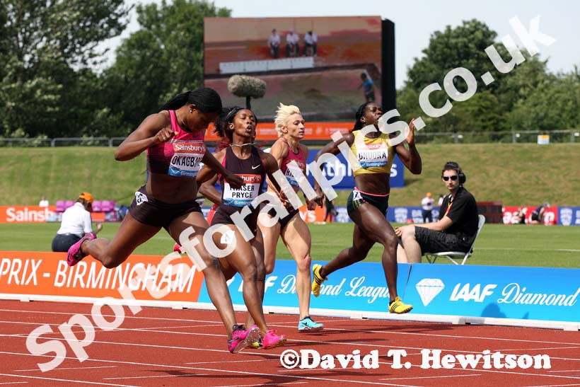 Womens 200 metres, from left to right: Blessing Okagbare, Shelly-Ann Fraser-Pryce, Anthonique Strachan, Mariya Ryemyen and Anyika Onuora, IAAF Diamond League, Birmingham.